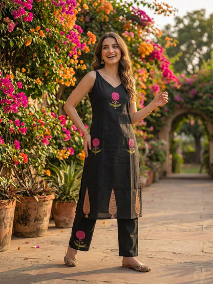 Solid Floral Embroidered Sleeveless Straight Kurta with Palazzo Co-ord Set - Black