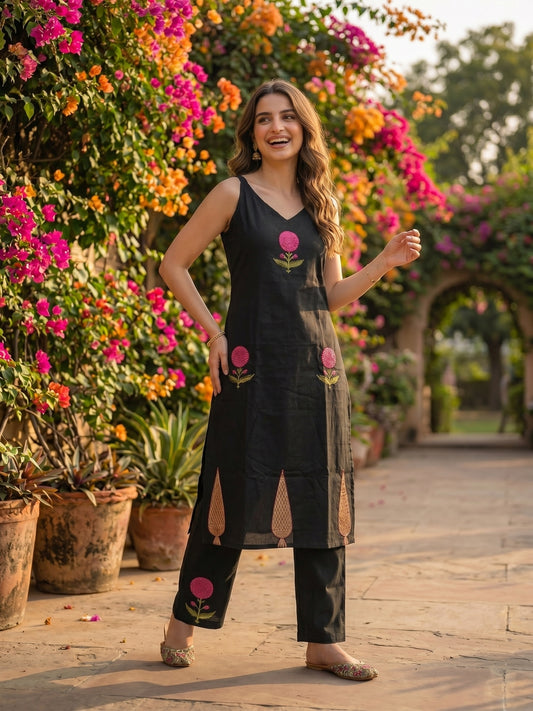 Solid Floral Embroidered Sleeveless Straight Kurta with Palazzo Co-ord Set - Black