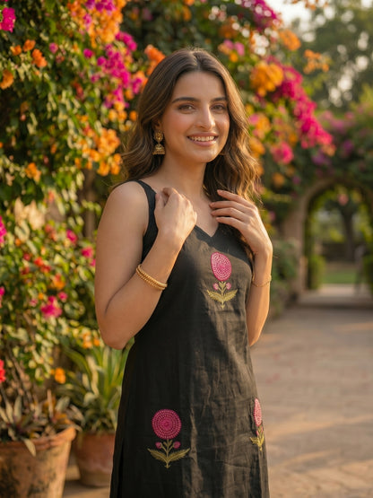 Solid Floral Embroidered Sleeveless Straight Kurta with Palazzo Co-ord Set - Black