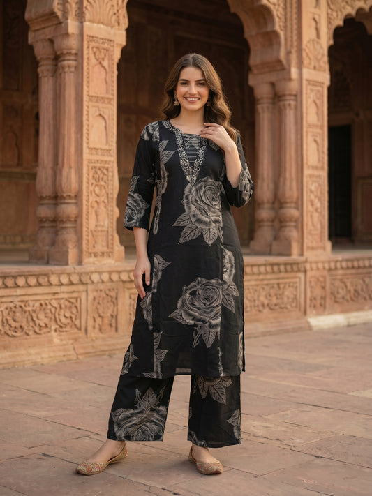 Abstract Floral Printed & Embroidered A-Line Kurta with Palazzo Co-ord Set - Black