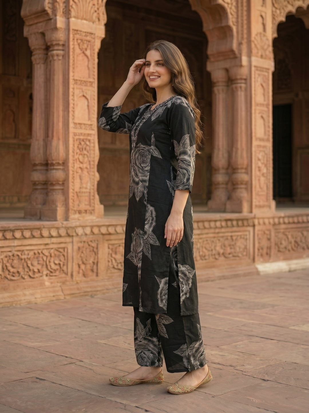Abstract Floral Printed & Embroidered A-Line Kurta with Palazzo Co-ord Set - Black