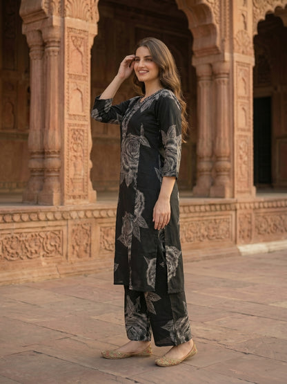 Abstract Floral Printed & Embroidered A-Line Kurta with Palazzo Co-ord Set - Black