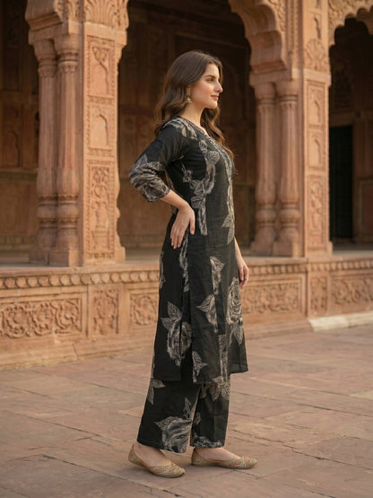 Abstract Floral Printed & Embroidered A-Line Kurta with Palazzo Co-ord Set - Black