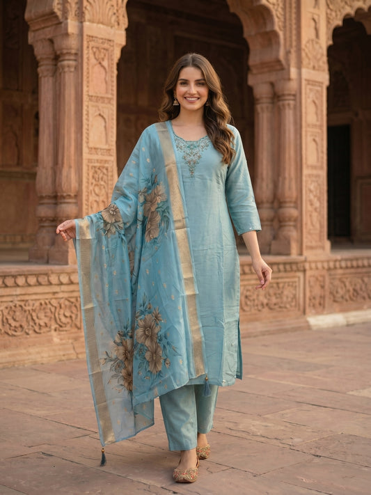 Solid Hand Embroidered Straight Kurta with Pant & Dupatta - Blue