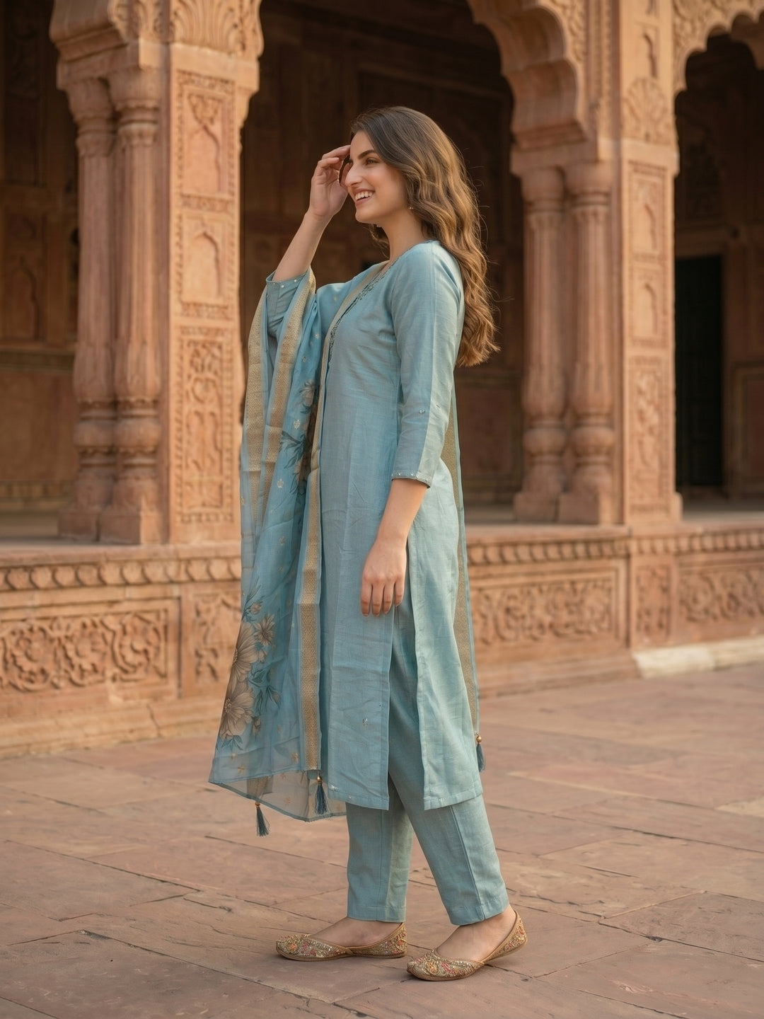 Solid Hand Embroidered Straight Kurta with Pant & Dupatta - Blue