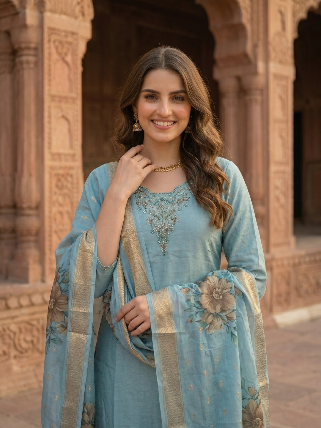 Solid Hand Embroidered Straight Kurta with Pant & Dupatta - Blue