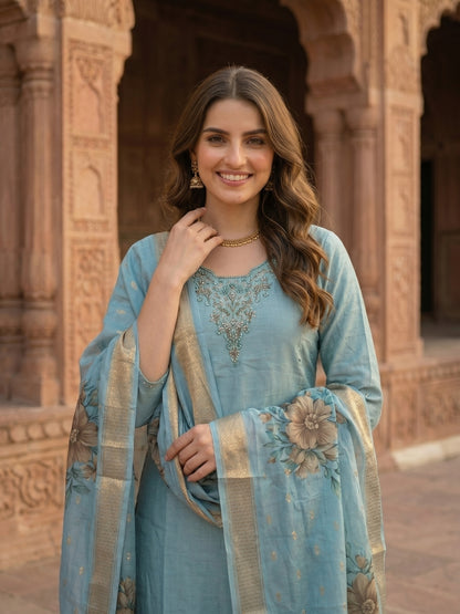 Solid Hand Embroidered Straight Kurta with Pant & Dupatta - Blue