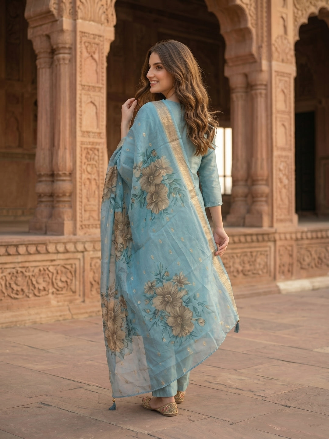 Solid Hand Embroidered Straight Kurta with Pant & Dupatta - Blue