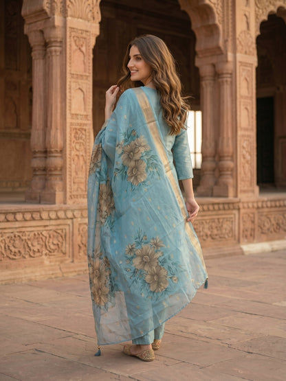 Solid Hand Embroidered Straight Kurta with Pant & Dupatta - Blue