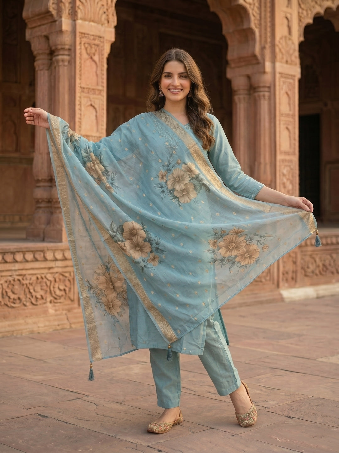 Solid Hand Embroidered Straight Kurta with Pant & Dupatta - Blue
