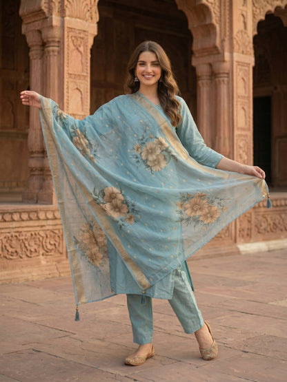 Solid Hand Embroidered Straight Kurta with Pant & Dupatta - Blue