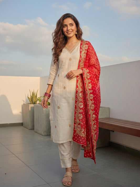 Solid Gota Patti Embroidered Straight Fit Kurta with Pant and Bandhani Printed Dupatta - Off White