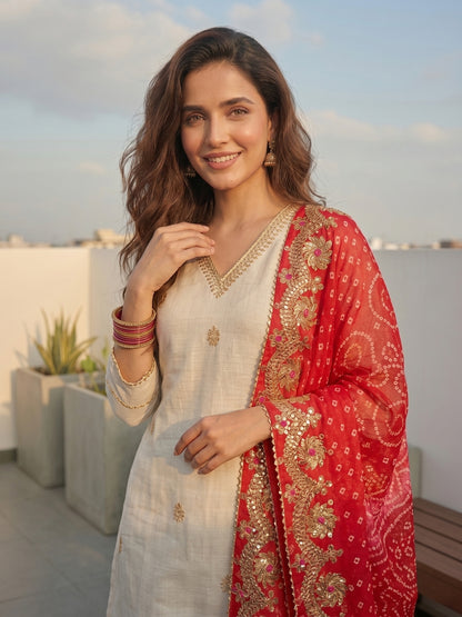 Solid Gota Patti Embroidered Straight Fit Kurta with Pant and Bandhani Printed Dupatta - Off White