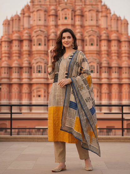 Ethnic Printed & Kantha Embroidered Straight Kurta with Pant & Dupatta - Grey