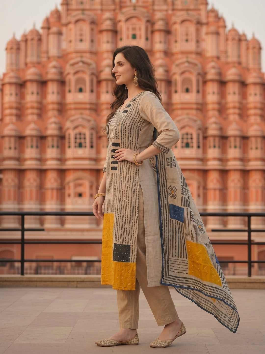 Ethnic Printed & Kantha Embroidered Straight Kurta with Pant & Dupatta - Grey
