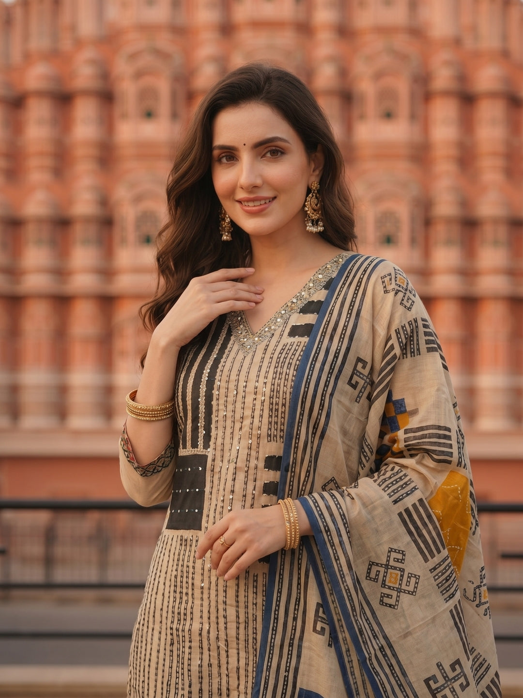 Ethnic Printed & Kantha Embroidered Straight Kurta with Pant & Dupatta - Grey