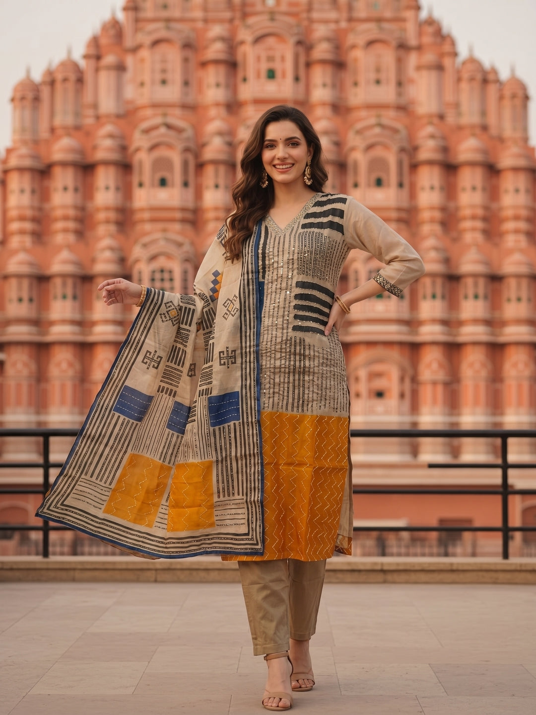 Ethnic Printed & Kantha Embroidered Straight Kurta with Pant & Dupatta - Grey