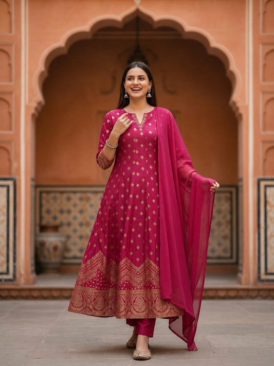Ethnic Woven & Embroidered Anarkali Kurta with Pant & Dupatta - Pink