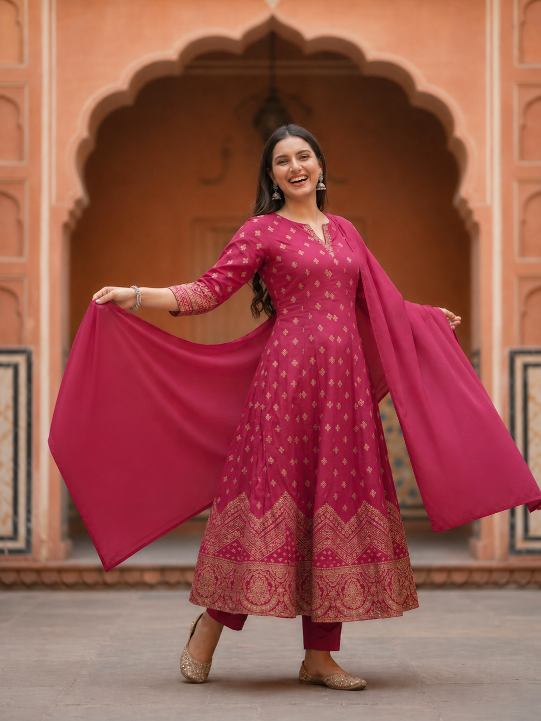 Ethnic Woven & Embroidered Anarkali Kurta with Pant & Dupatta - Pink