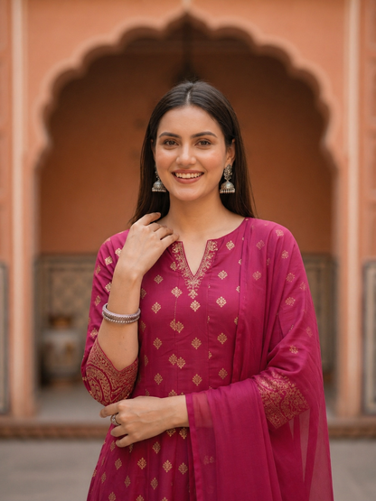 Ethnic Woven & Embroidered Anarkali Kurta with Pant & Dupatta - Pink