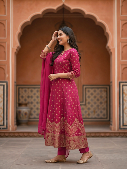 Ethnic Woven & Embroidered Anarkali Kurta with Pant & Dupatta - Pink