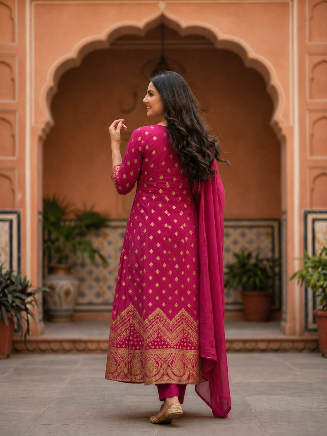 Ethnic Woven & Embroidered Anarkali Kurta with Pant & Dupatta - Pink