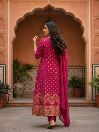 Ethnic Woven & Embroidered Anarkali Kurta with Pant & Dupatta - Pink