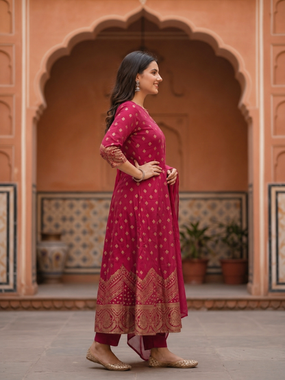 Ethnic Woven & Embroidered Anarkali Kurta with Pant & Dupatta - Pink