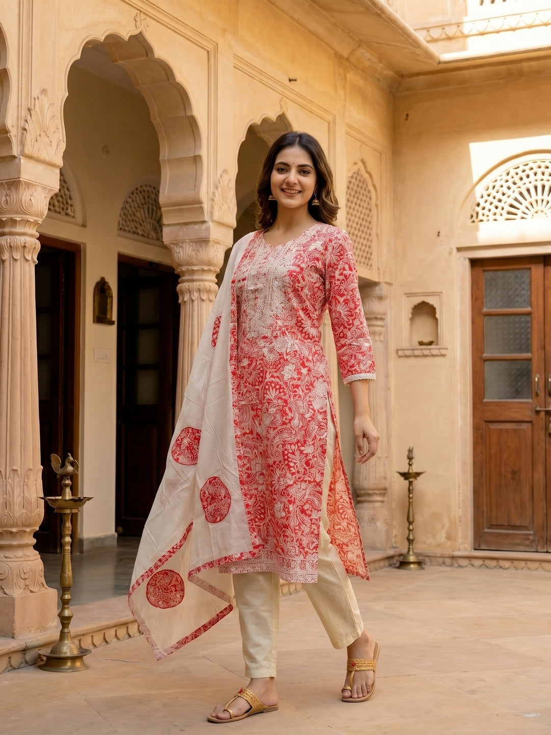 Coral Paisley Printed Chikankari Embroidered Straight Kurta with Pant & Dupatta