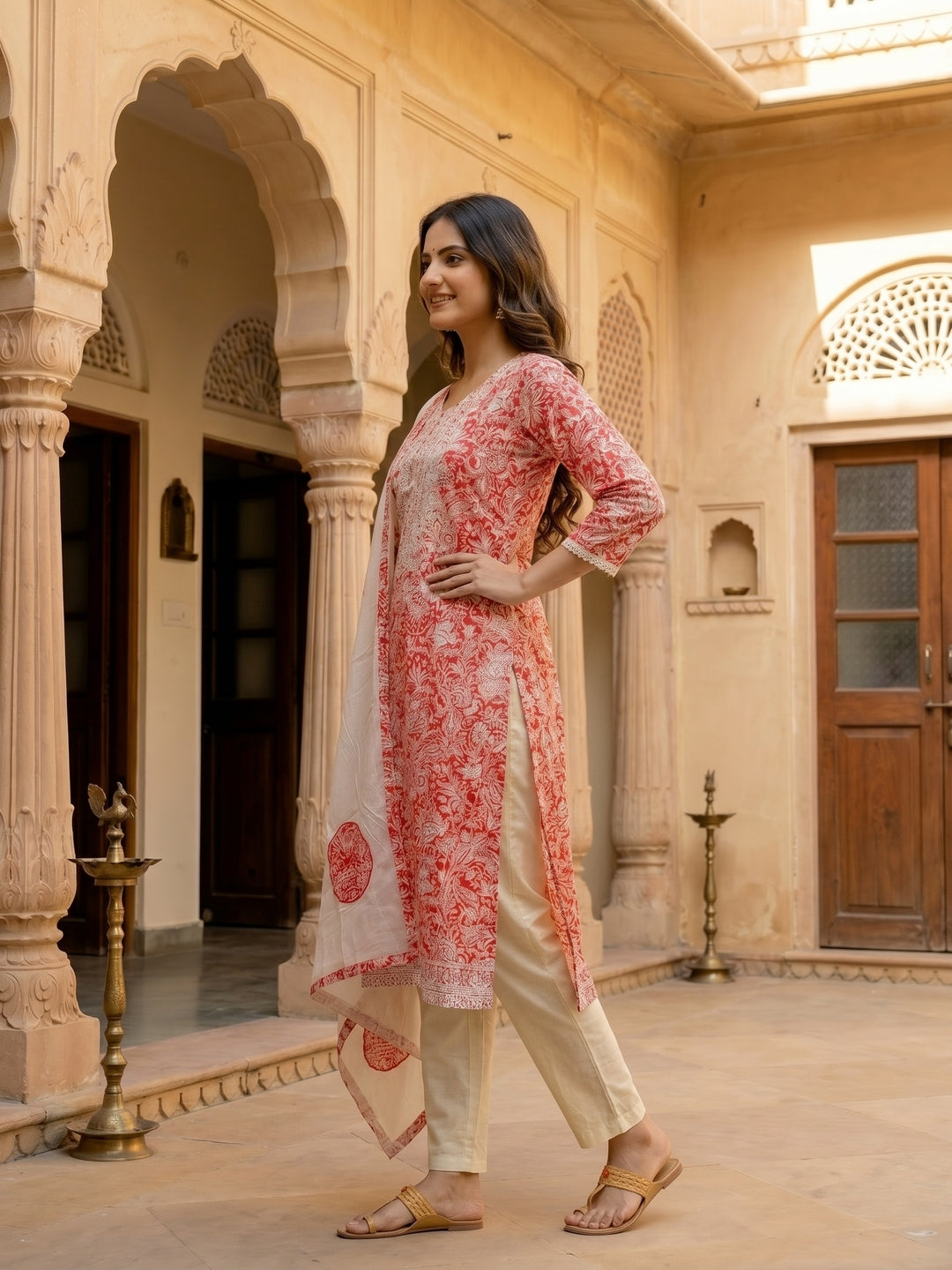 Coral Paisley Printed Chikankari Embroidered Straight Kurta with Pant & Dupatta