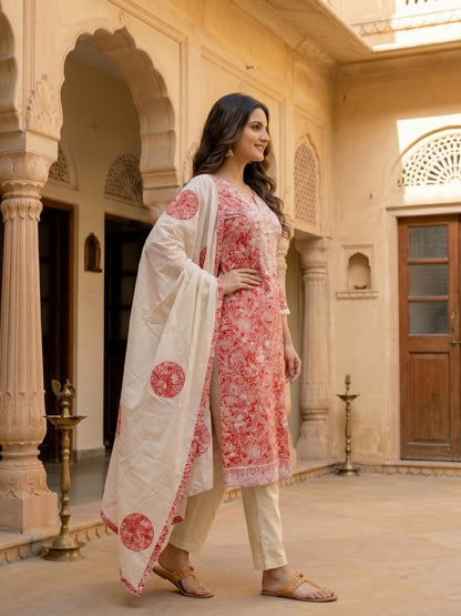 Coral Paisley Printed Chikankari Embroidered Straight Kurta with Pant & Dupatta