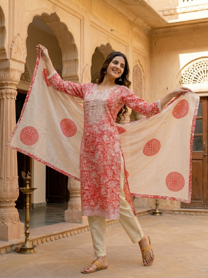 Coral Paisley Printed Chikankari Embroidered Straight Kurta with Pant & Dupatta