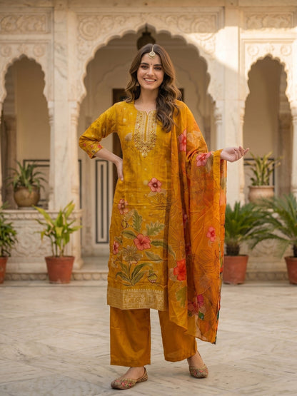 Floral Printed & Embroidered Straight Kurta with Pant & Dupatta - Mustard