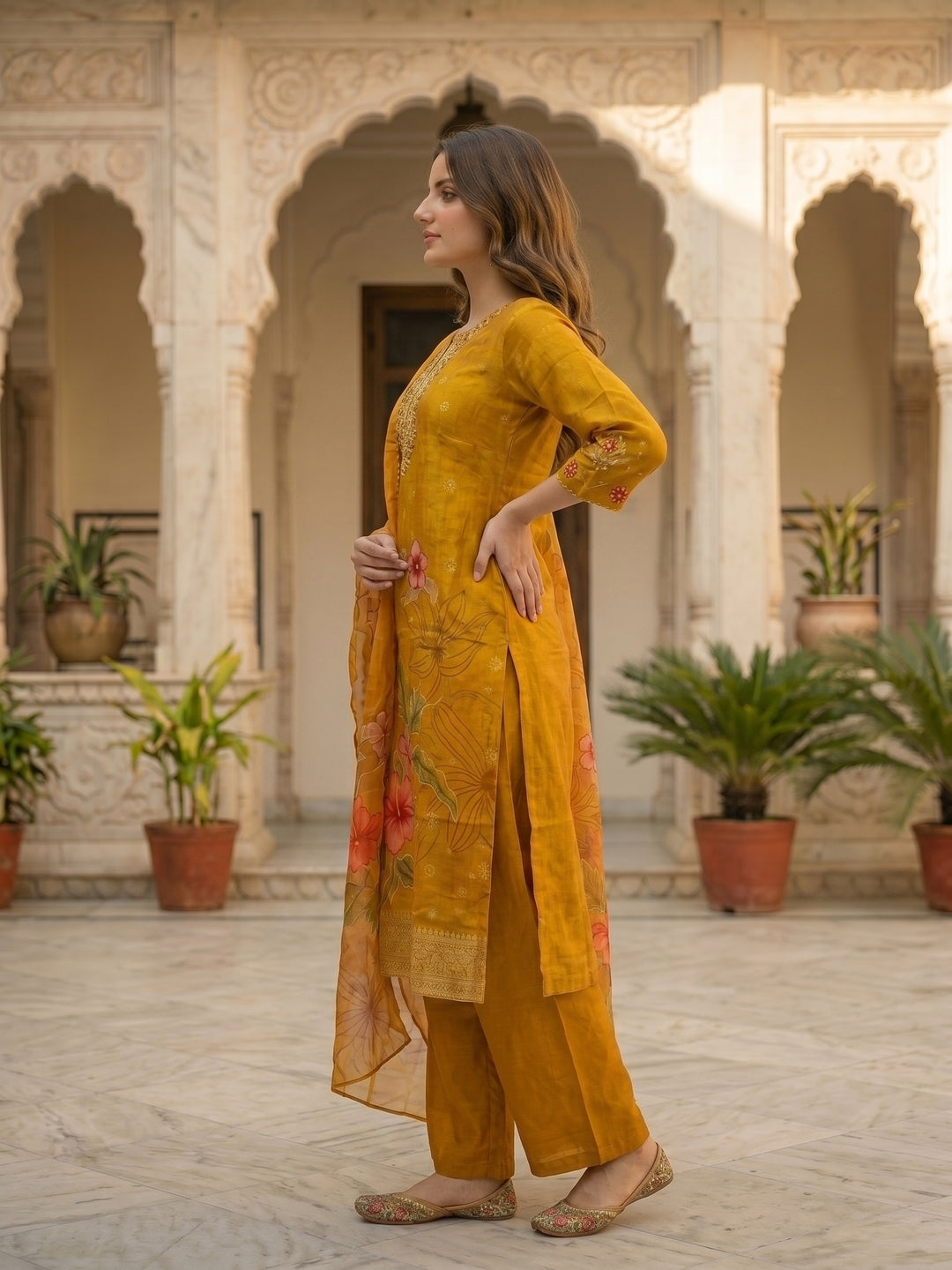 Floral Printed & Embroidered Straight Kurta with Pant & Dupatta - Mustard