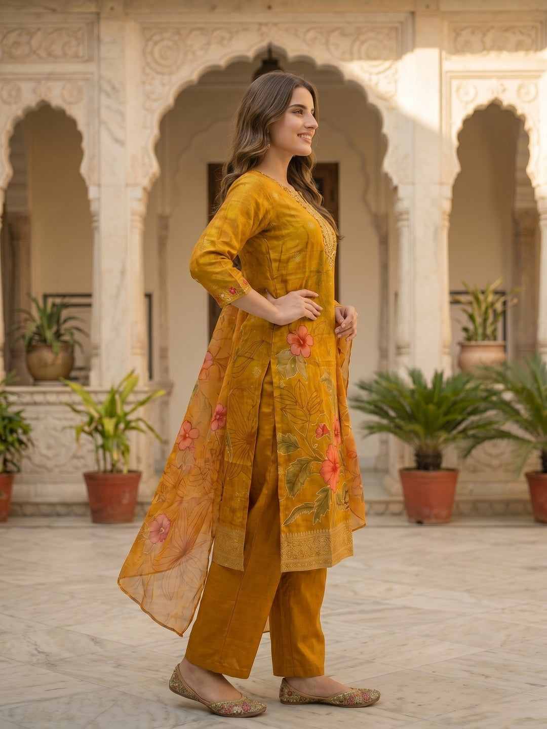 Floral Printed & Embroidered Straight Kurta with Pant & Dupatta - Mustard