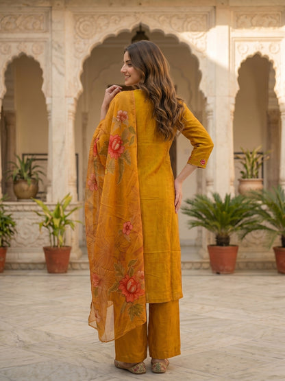 Floral Printed & Embroidered Straight Kurta with Pant & Dupatta - Mustard