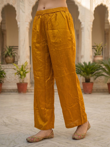 Floral Printed & Embroidered Straight Kurta with Pant & Dupatta - Mustard
