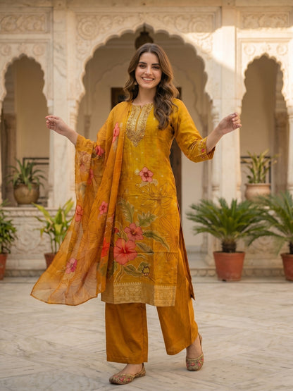 Floral Printed & Embroidered Straight Kurta with Pant & Dupatta - Mustard