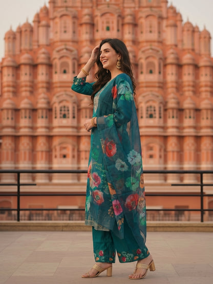 Turquoise Blue Floral Printed & Embroidered Straight Kurta with Pant & Dupatta