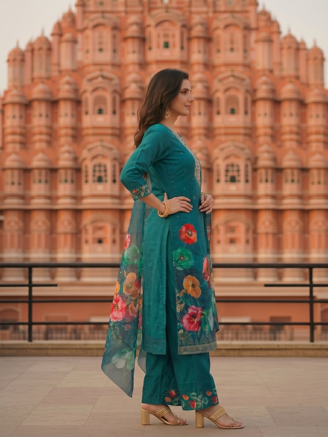 Turquoise Blue Floral Printed & Embroidered Straight Kurta with Pant & Dupatta