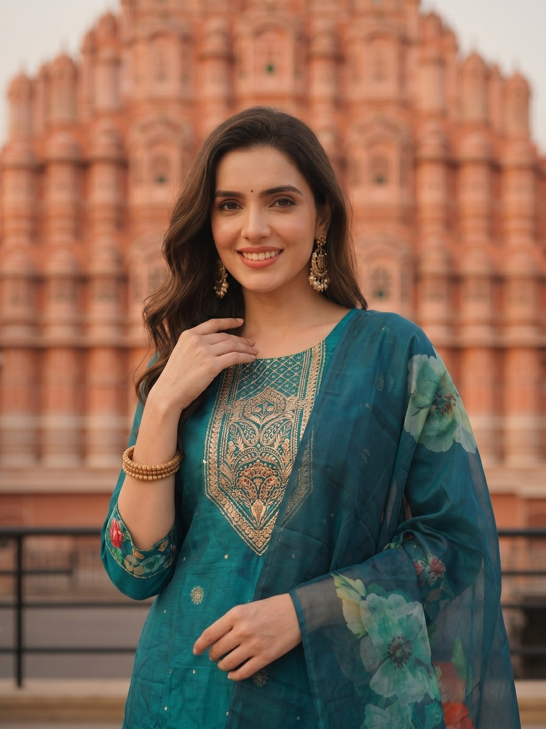 Turquoise Blue Floral Printed & Embroidered Straight Kurta with Pant & Dupatta