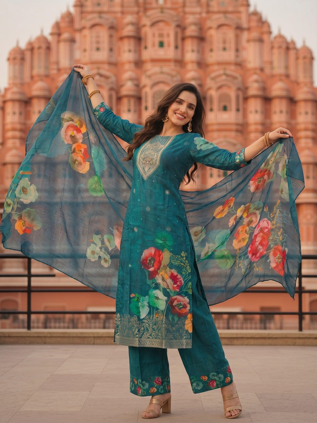 Turquoise Blue Floral Printed & Embroidered Straight Kurta with Pant & Dupatta