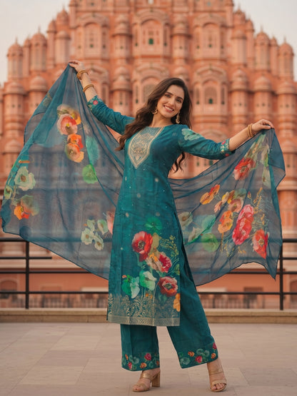 Turquoise Blue Floral Printed & Embroidered Straight Kurta with Pant & Dupatta