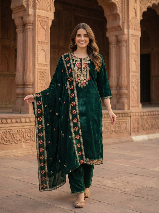 Floral Embroidered Straight Kurta with Pant & Dupatta - Emerald Green