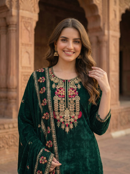 Floral Embroidered Straight Kurta with Pant & Dupatta - Emerald Green