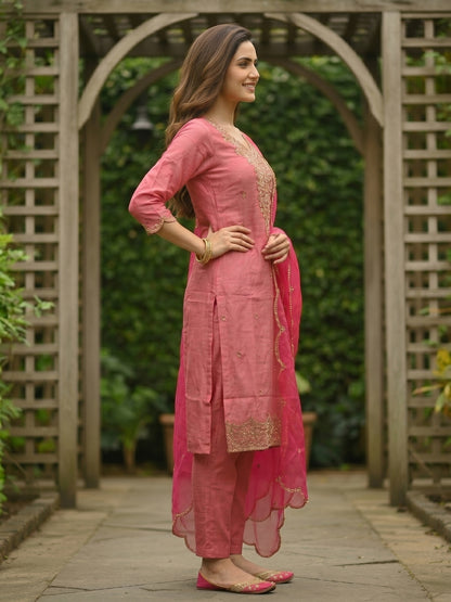 Solid Embroidered Straight Kurta with Palazzo & Organza Dupatta - Pink