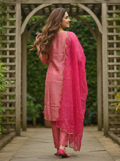 Solid Embroidered Straight Kurta with Palazzo & Organza Dupatta - Pink