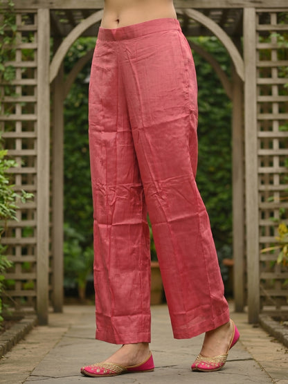 Solid Embroidered Straight Kurta with Palazzo & Organza Dupatta - Pink