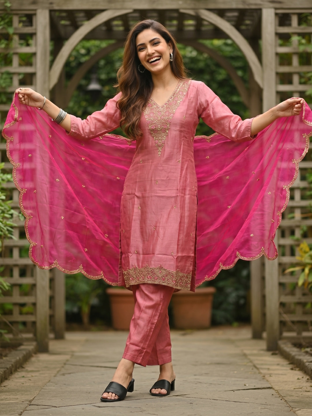 Solid Embroidered Straight Kurta with Palazzo & Organza Dupatta - Pink