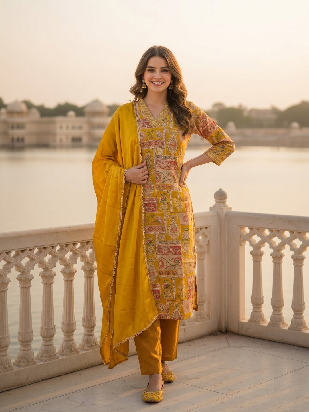 Ethnic Floral Printed & Embroidered Straight Kurta with Pant & Dupatta - Yellow